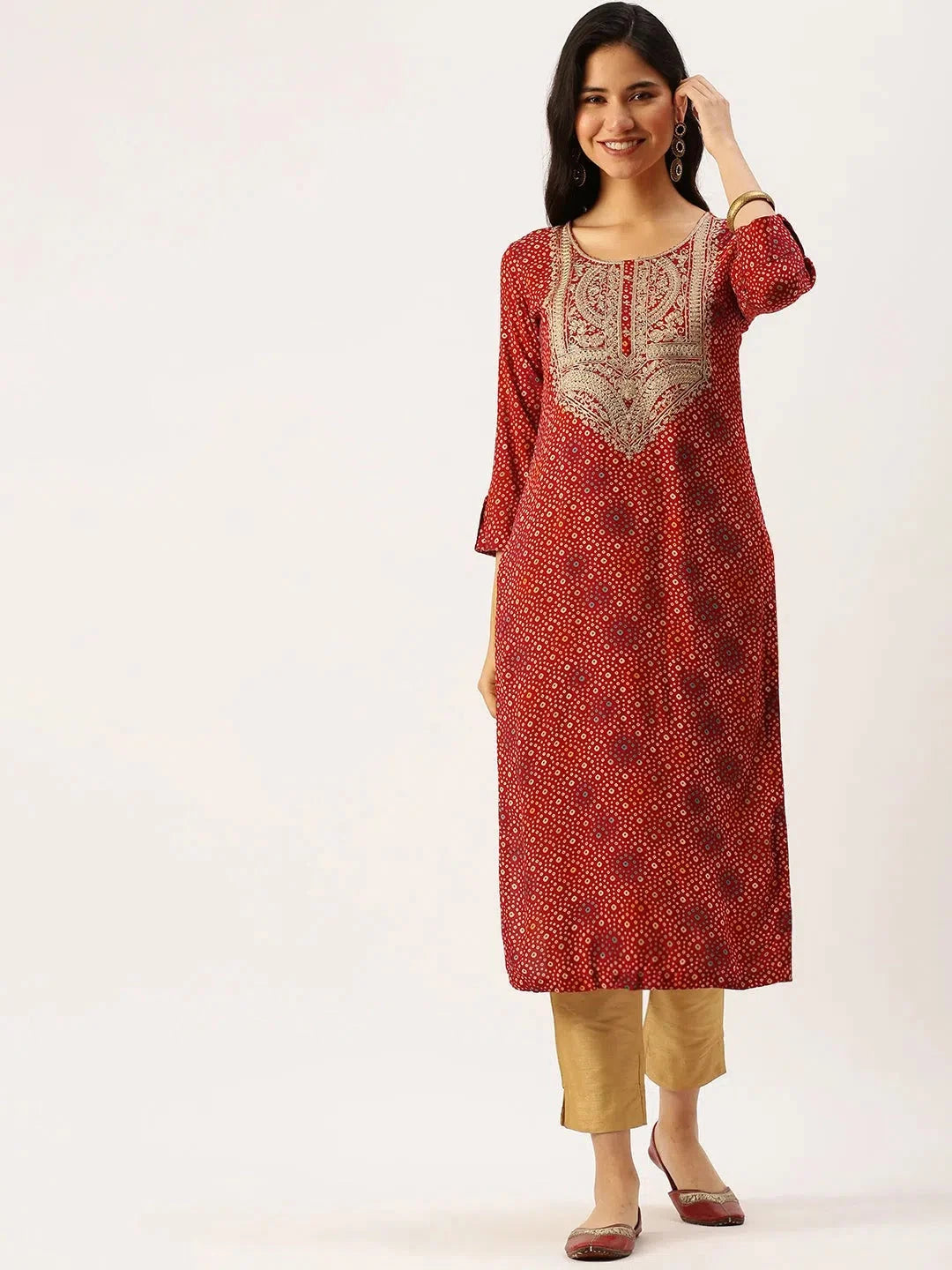 Red Printed Cotton Indian Kurta for Women - DesiQlo