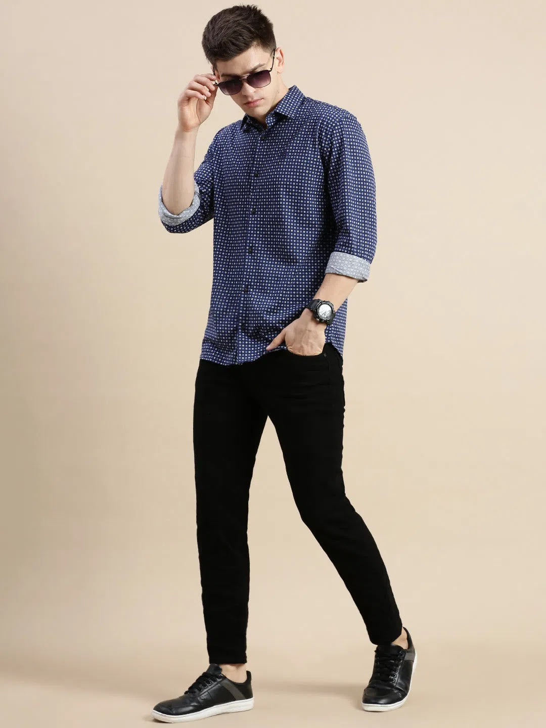 Navy Geometrical Mens Shirt - Cotton Printed Shirt | DesiQlo