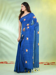 All Over Thread Embroidery Sapphire Blue Cotton Handspun Saree-MA62CH33660047
