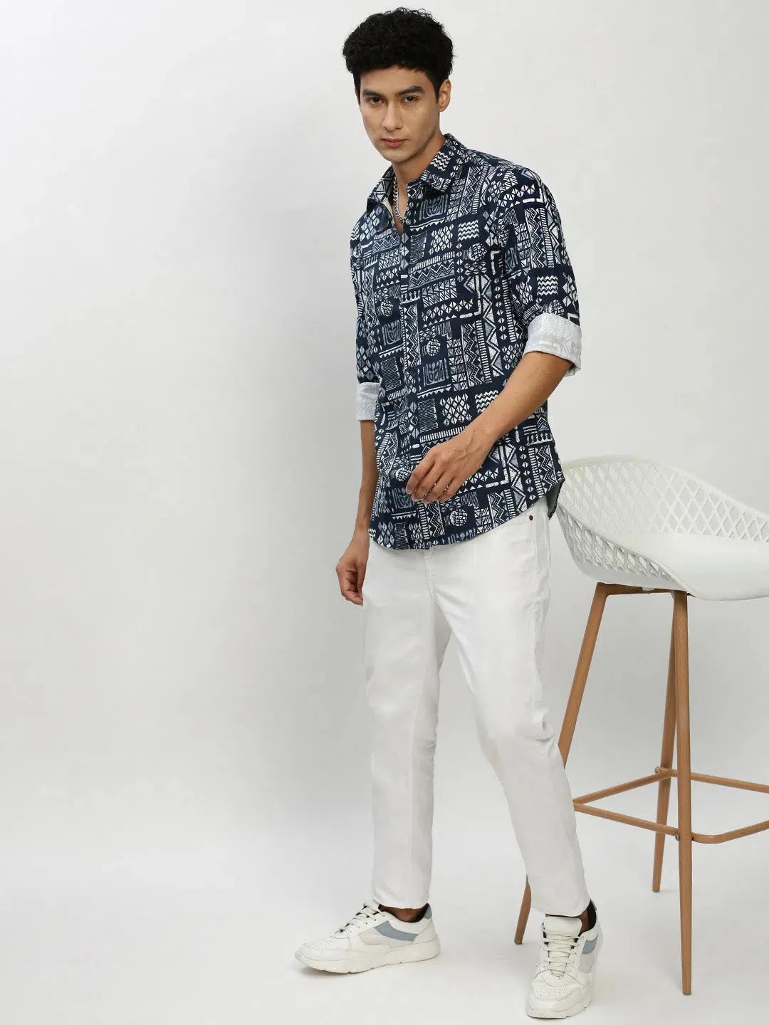 Men's Navy Geometric Cotton Shirt - DesiQlo Casual Shirts
