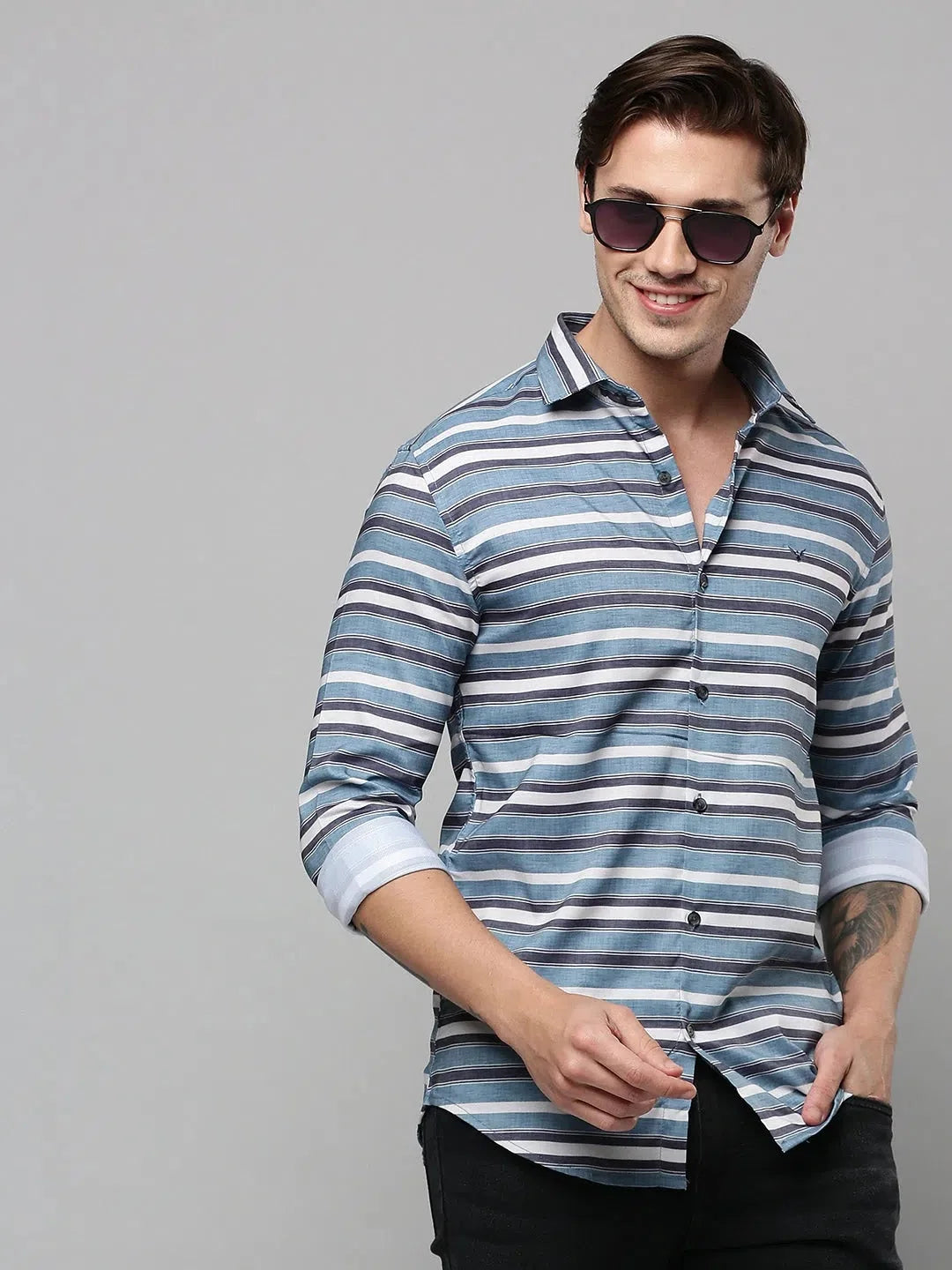 Blue Striped Cotton Mens Shirt - DesiQlo Casual Stripe Shirt