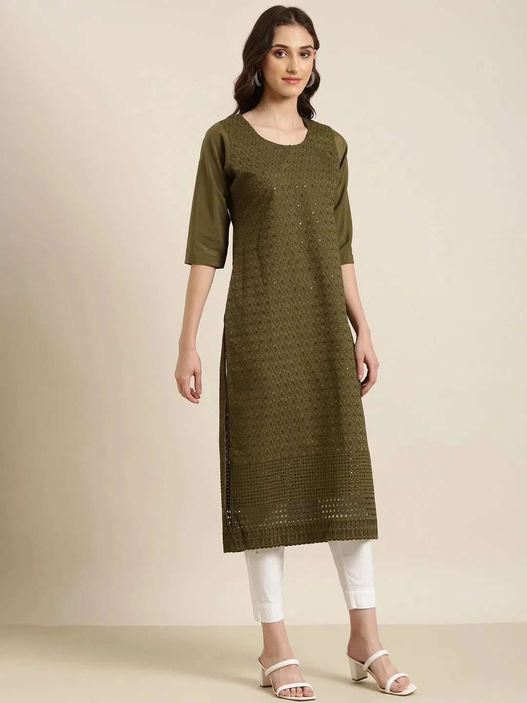 Olive Embellished Kurtas for Women | DesiQlo Indian Kurta