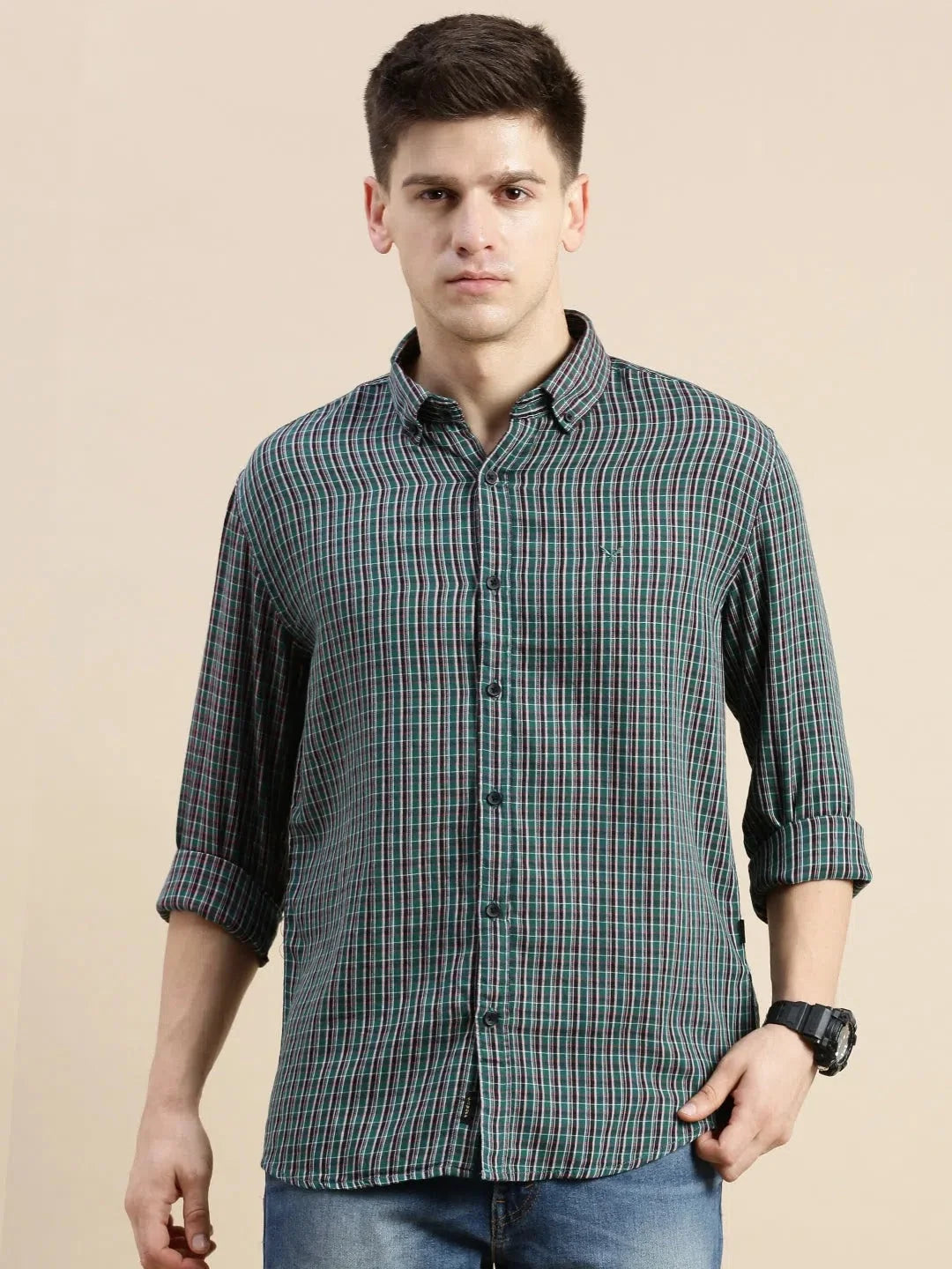 Green Checkered Mens Shirt | Casual Cotton Printed Shirt