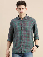 Men Green Checked Casual Shirt-GROVER-1105-Green