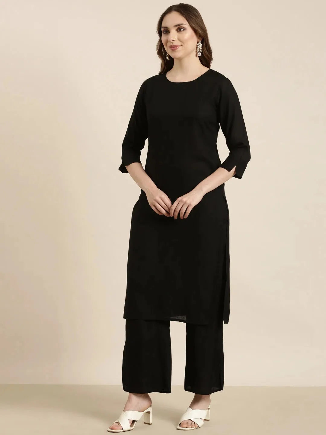 Black Kurta Palazzo Set with Overcoat - Women's Trendy Fashion