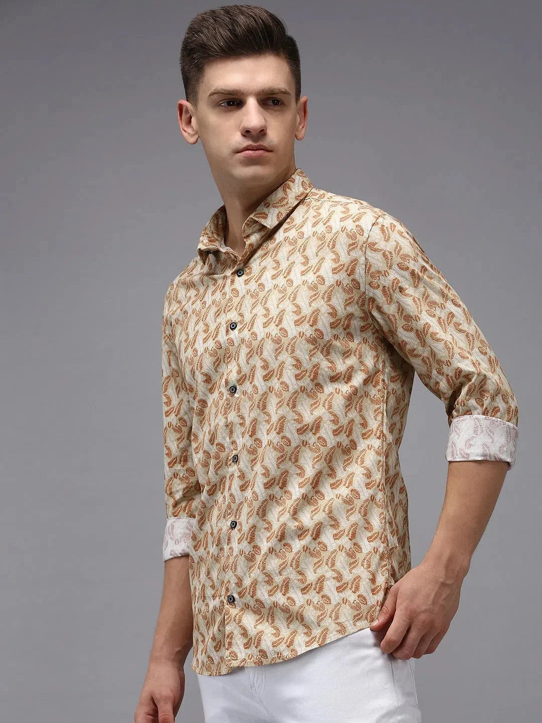 Beige Printed Mens Shirt - Cotton Casual Shirt from DesiQlo