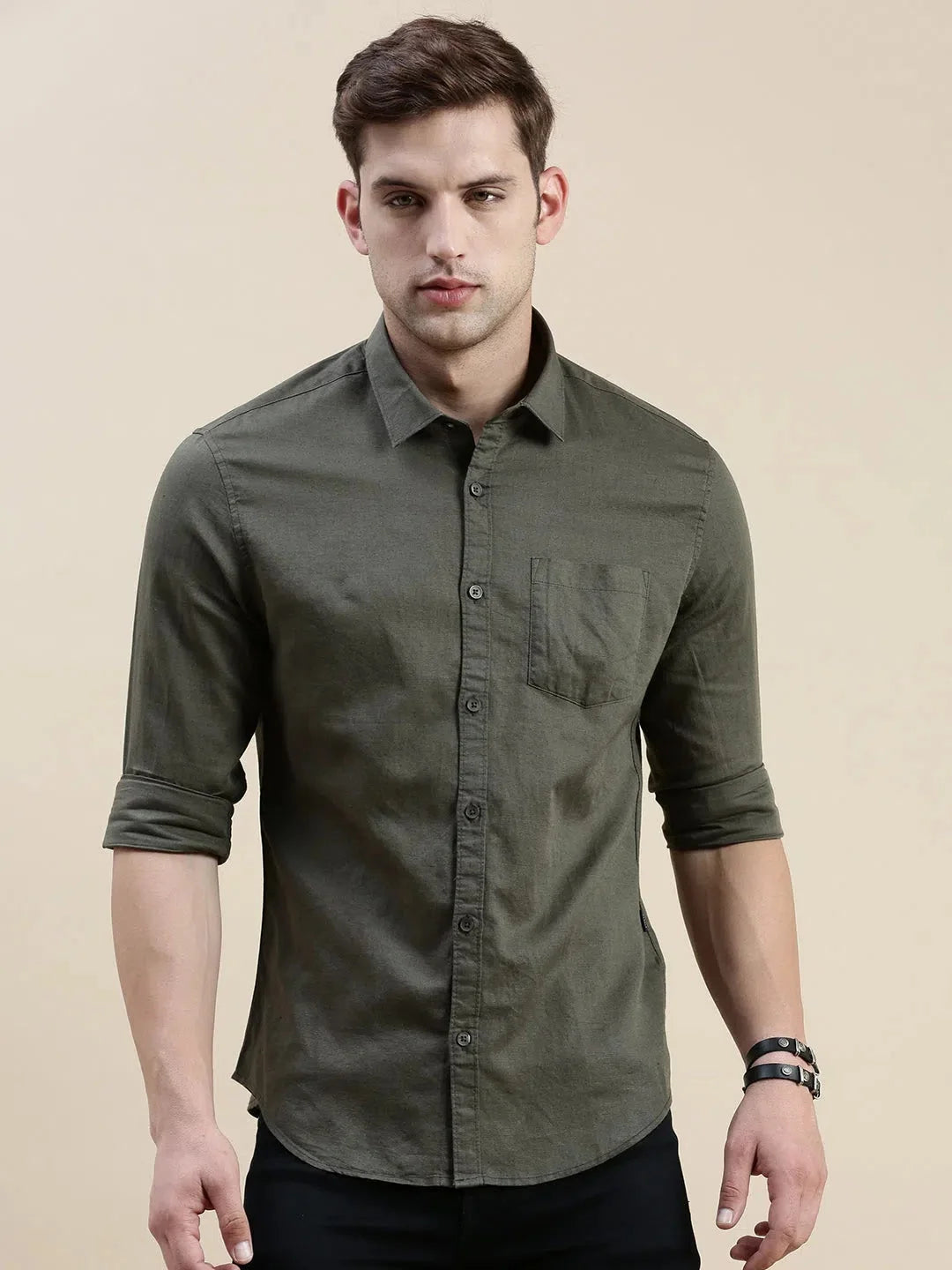 Men's Green Cotton Shirt | Solid Color Casual Shirts