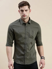 Men Green Solid Casual Shirt-SWALLOW-1768-Olive