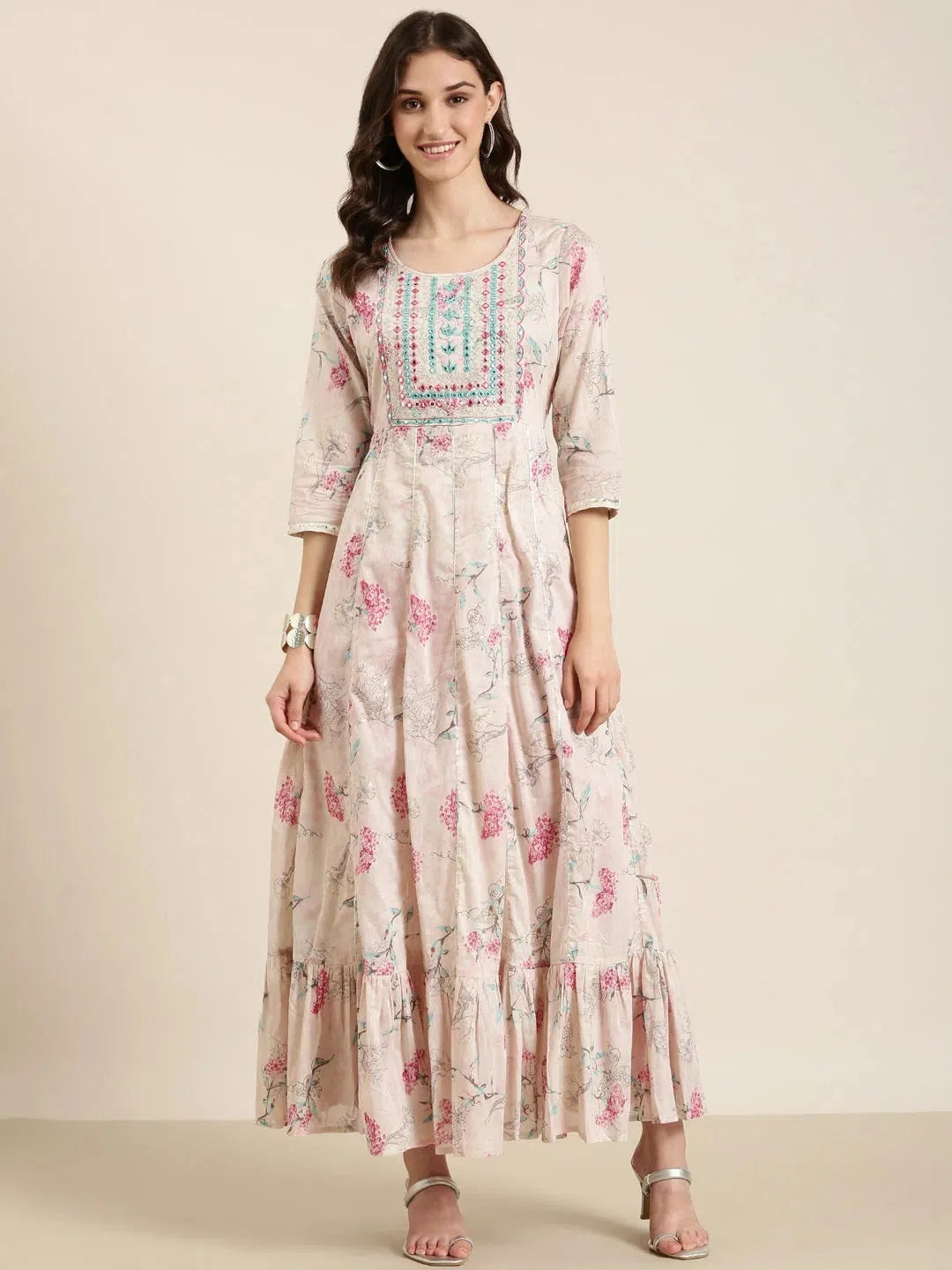 Beige Floral Anarkali Kurti for Women | Stylish Anarkali Suits