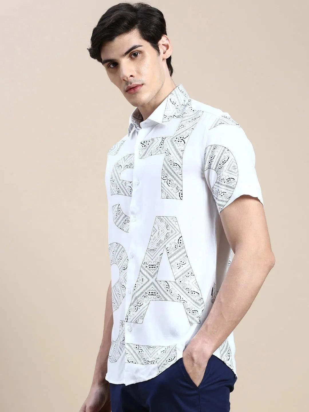 White Printed Cotton Mens Shirt - Casual & Stylish DesiQlo