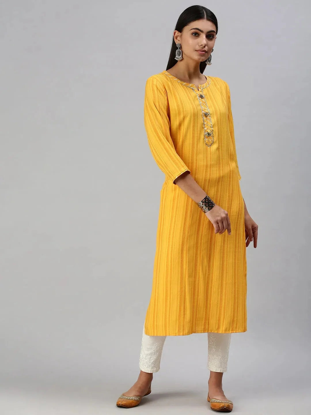 Yellow Striped Cotton Kurta for Women - Indian Kurta Online