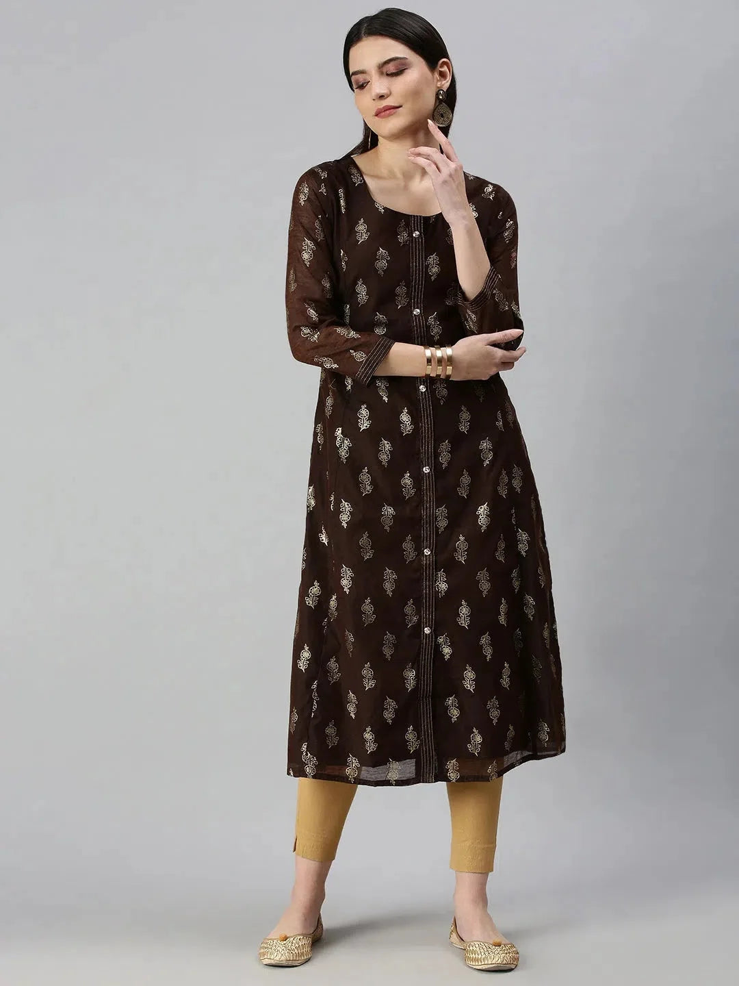 Brown Printed Cotton Kurta | Women's Daily Wear Indian Kurtis