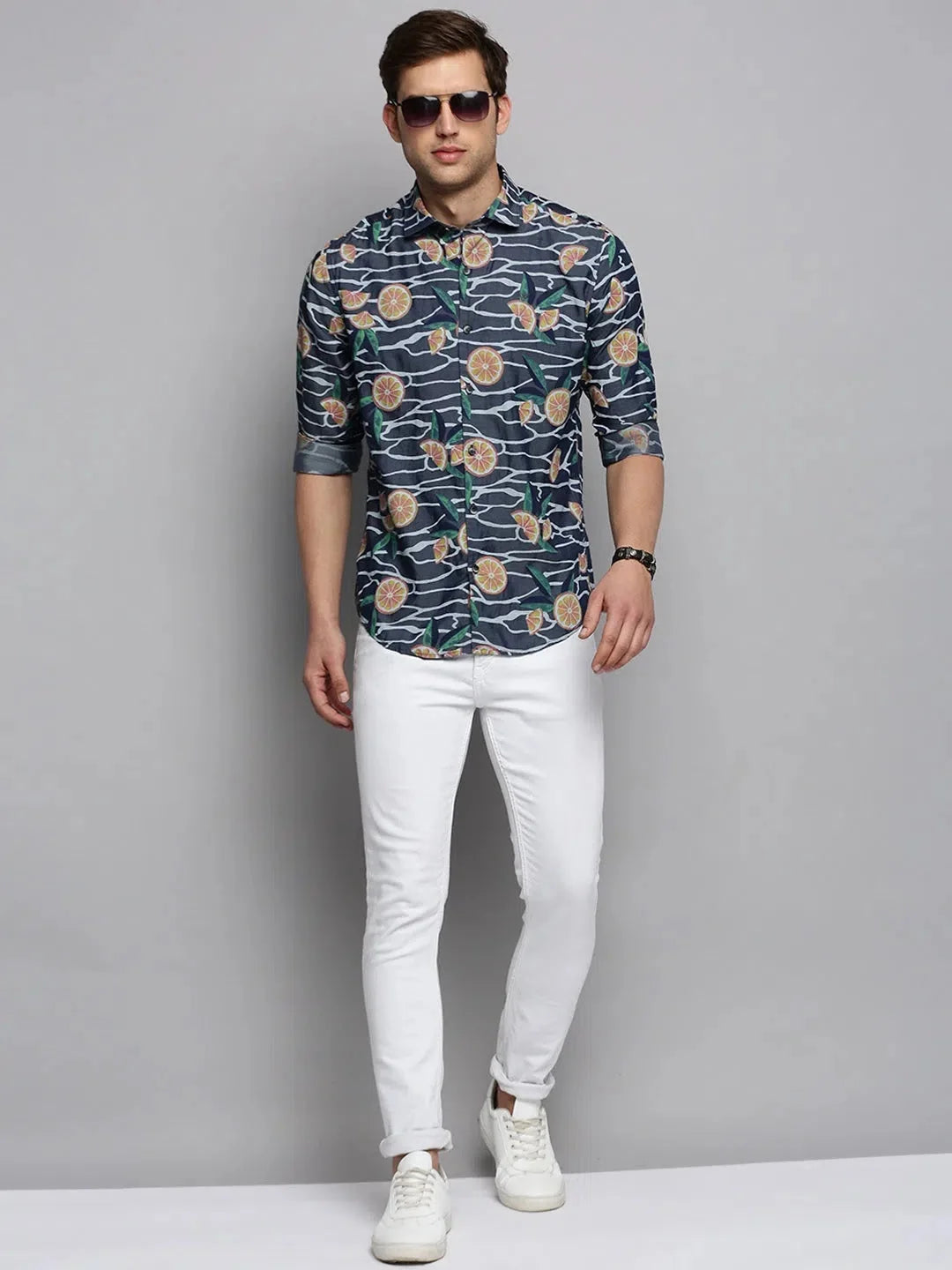 Navy Printed Mens Shirt - Cotton Formal Shirts | DesiQlo