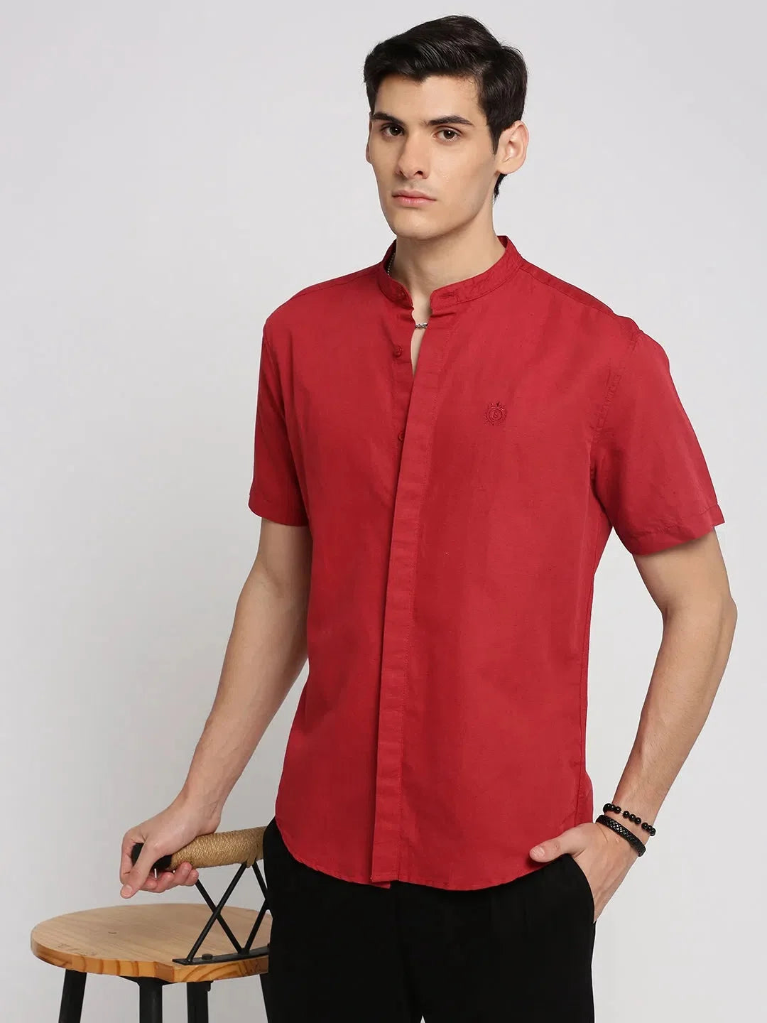 Red Mandarin Collar Mens Shirt | DesiQlo Cotton Shirt
