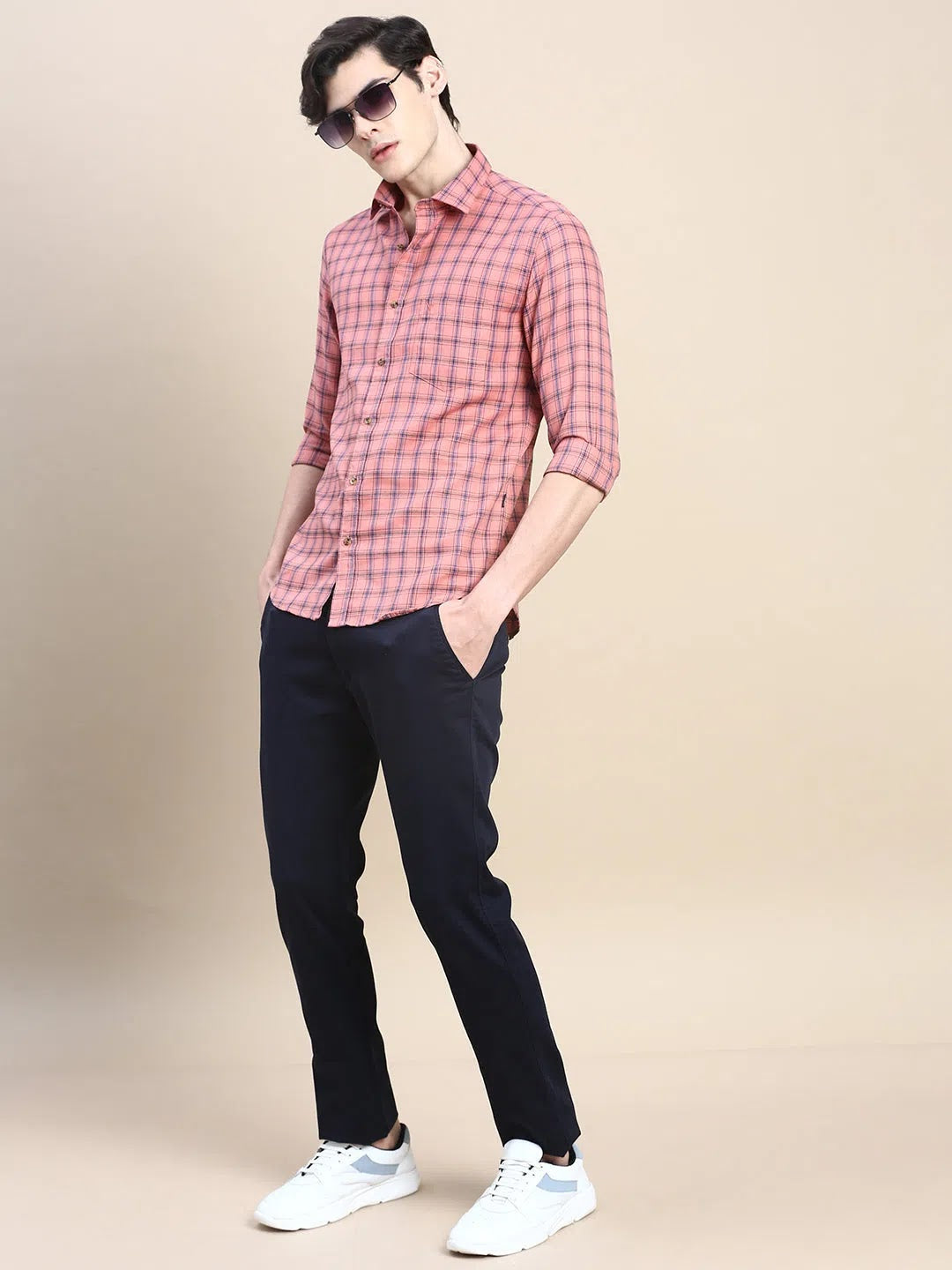 Coral Checked Cotton Mens Shirt - DesiQlo Casual Wear