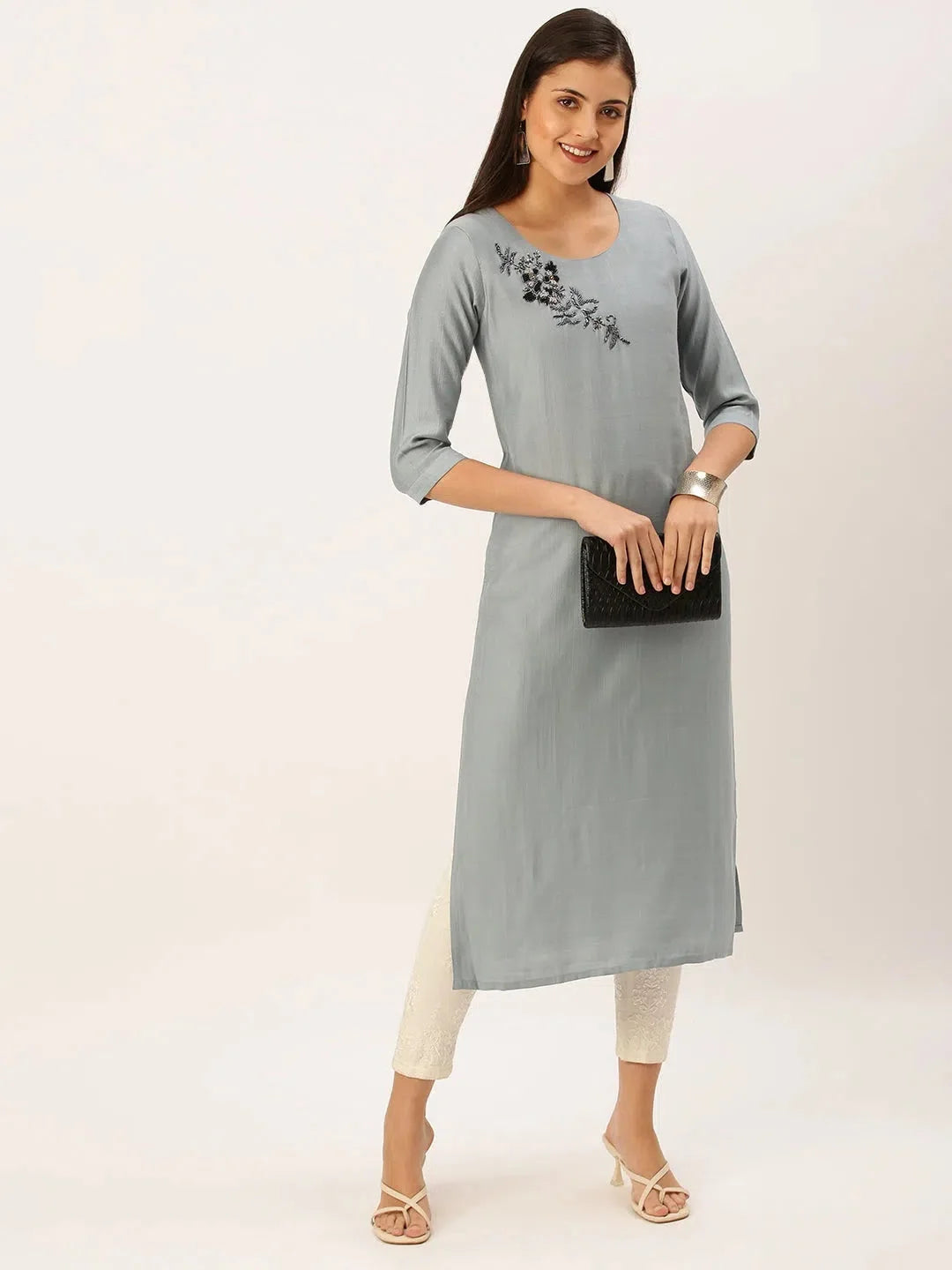 Steel Grey Embellished Indian Kurtas | DesiQlo Women's