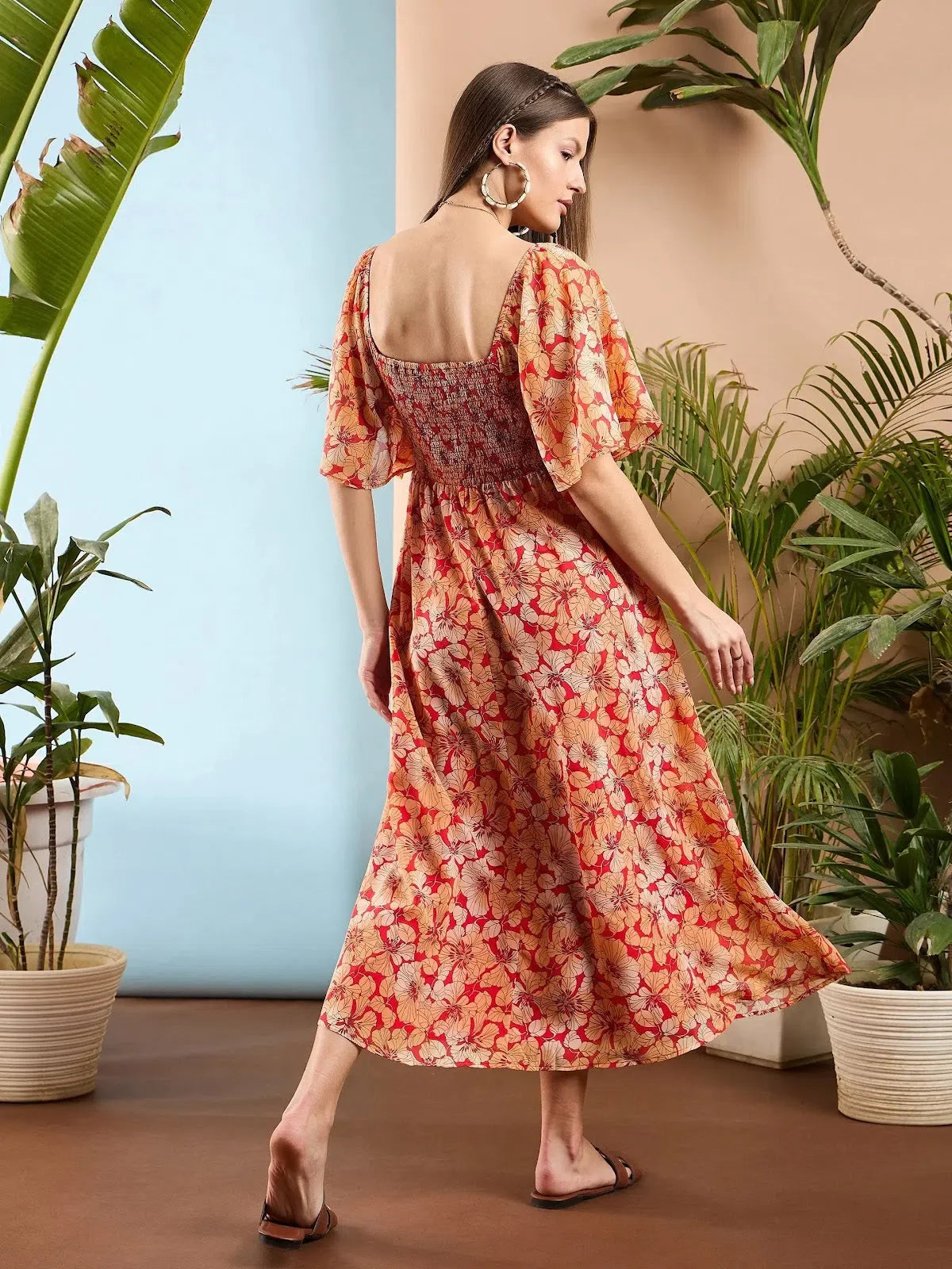 Red Floral Midi Dress | Women's Front Tie Fit & Flare