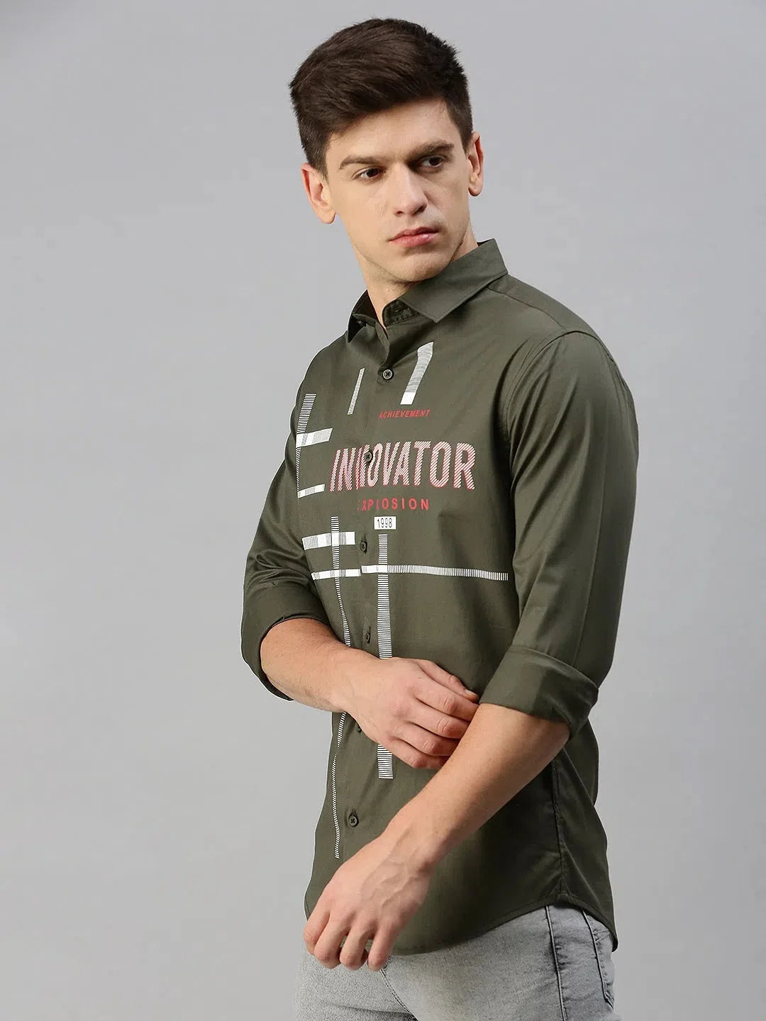 Olive Printed Mens Shirt | Casual Cotton Shirt - DesiQlo