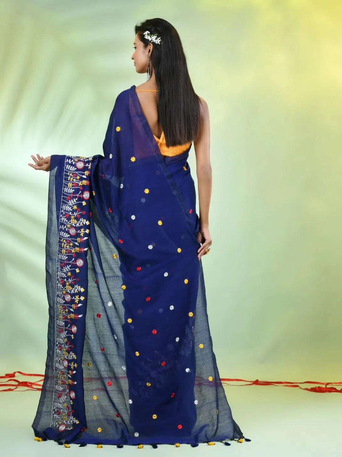 Blue Floral Embroidered Cotton Saree | Designer Sarees India