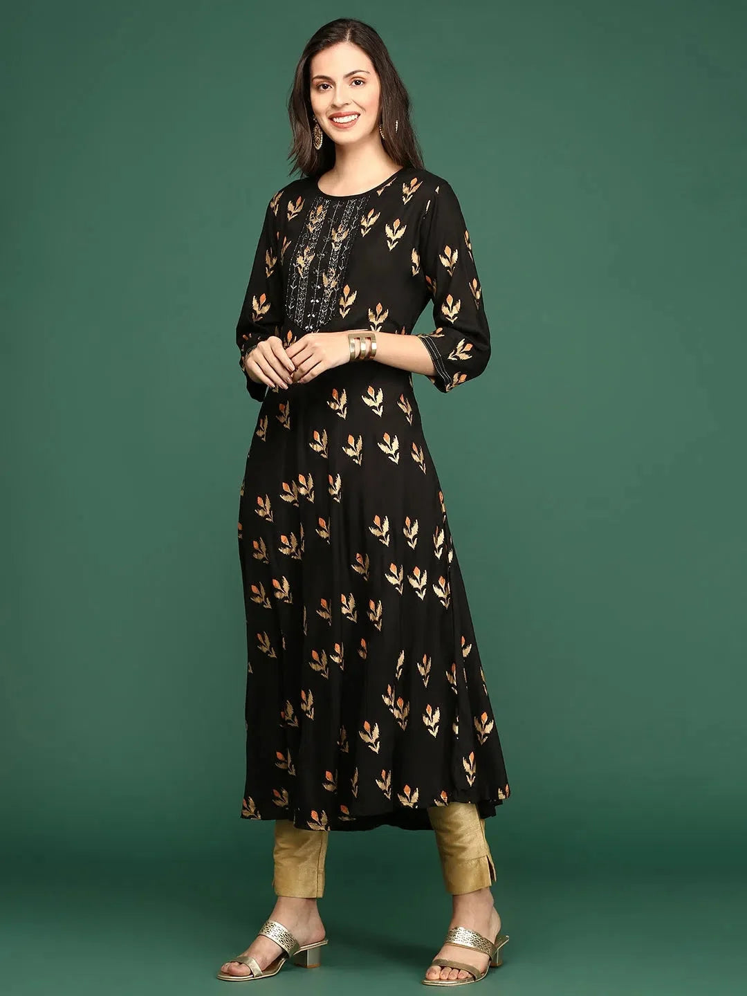 Coffee Brown Printed Cotton A-Line Indian Kurtis for Ladies