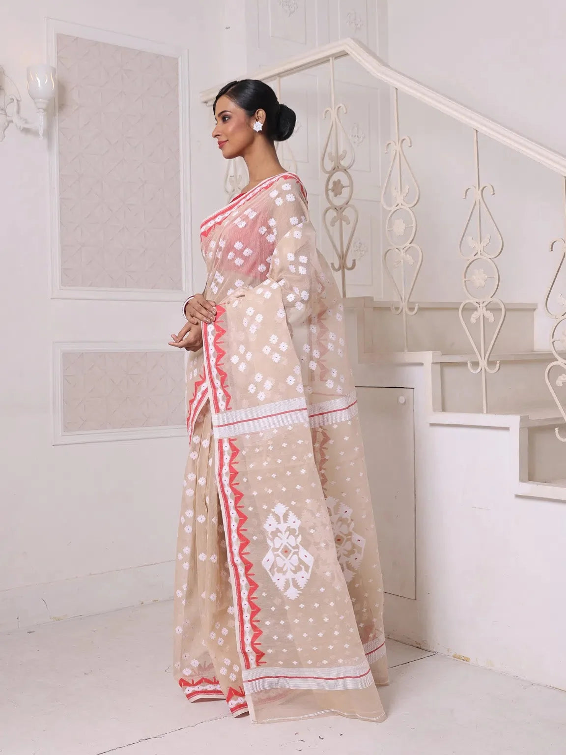 Beige Cotton Jamdani Saree | Indian Sarees