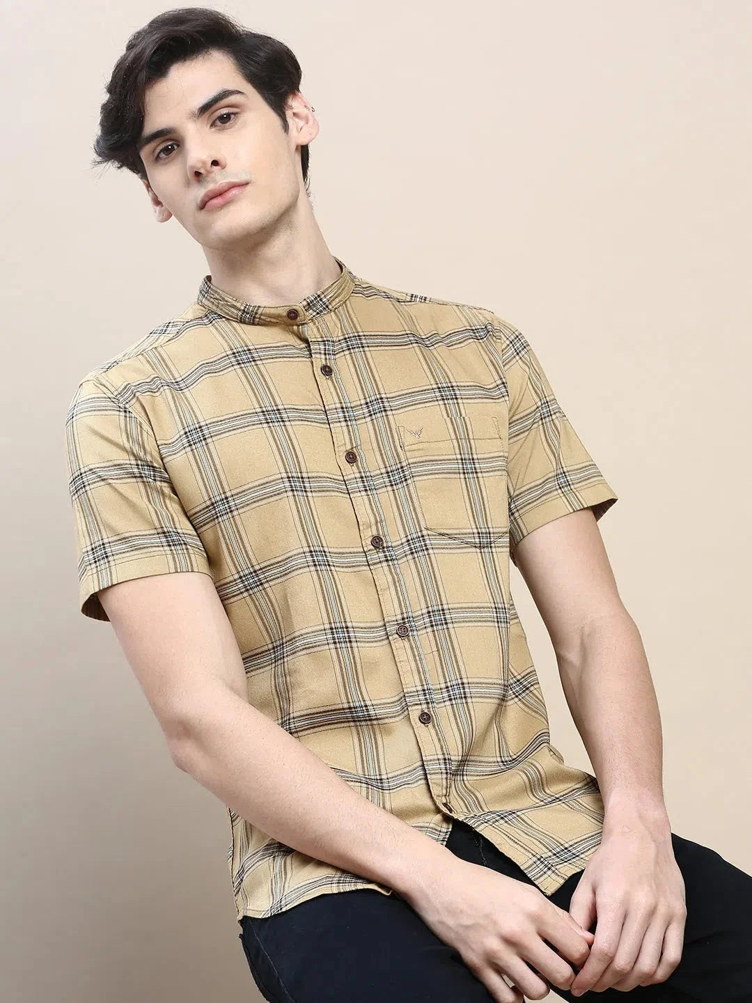 Men Beige Checked Casual Shirt-AZARICHECKS-115-Beige