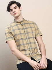 Men Beige Checked Casual Shirt-AZARICHECKS-115-Beige