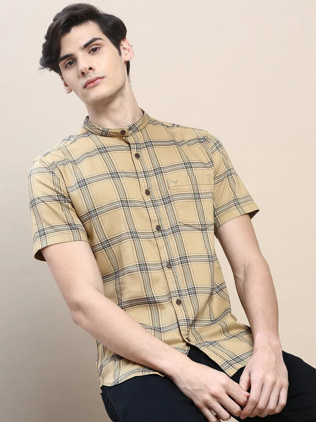 Beige Checked Cotton Mens Shirt - Casual Formal Shirts