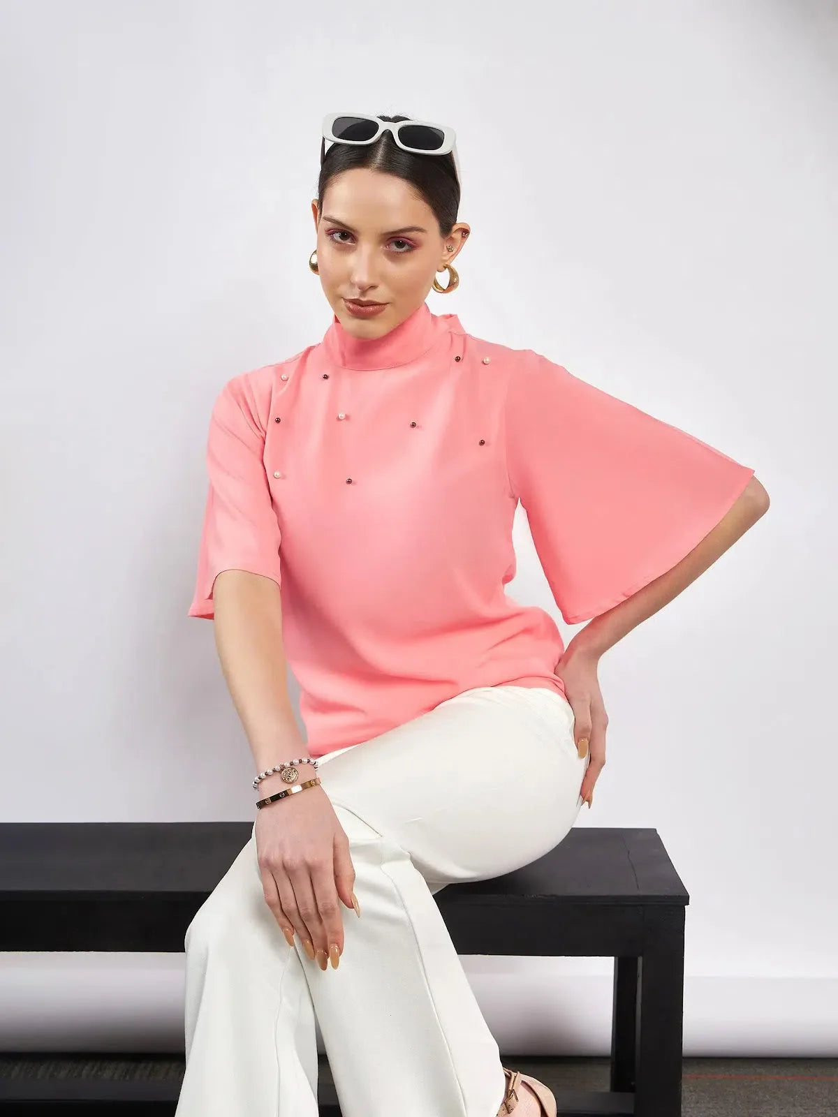 Women's Pearl Studded Top - Peach Blouse, Stylish Women's Tops