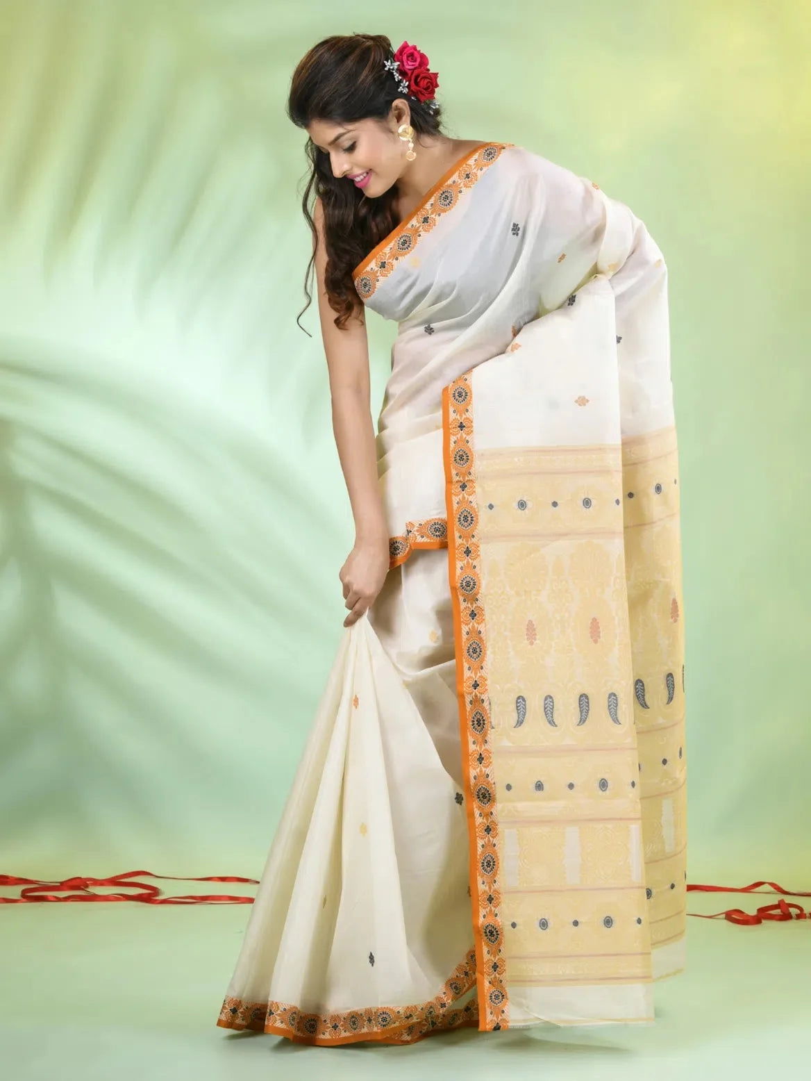 Off White Tussar Silk Saree | Indian Sari with Woven Motifs