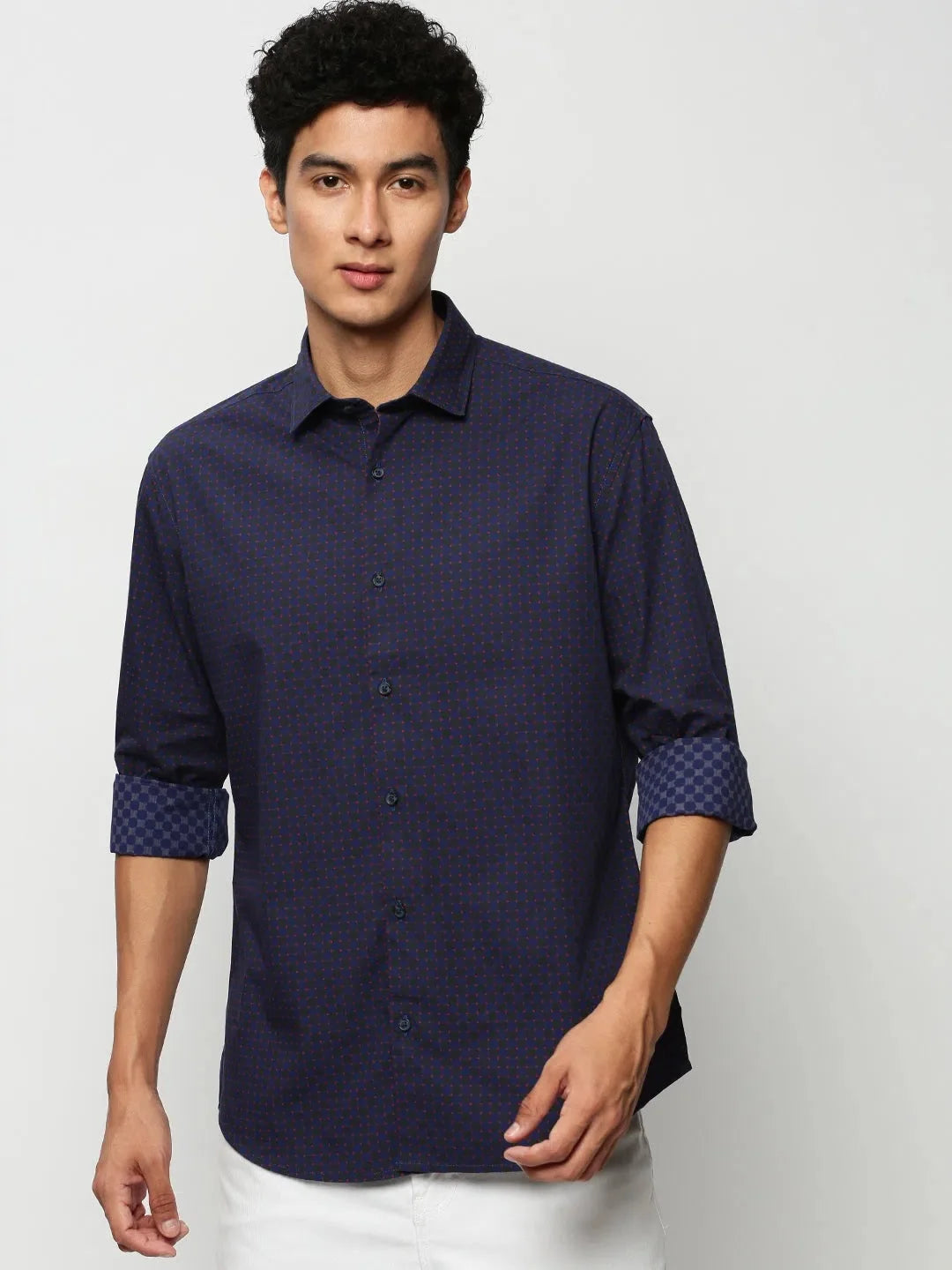 Navy Geometric Mens Shirt - Cotton Casual Shirt | DesiQlo