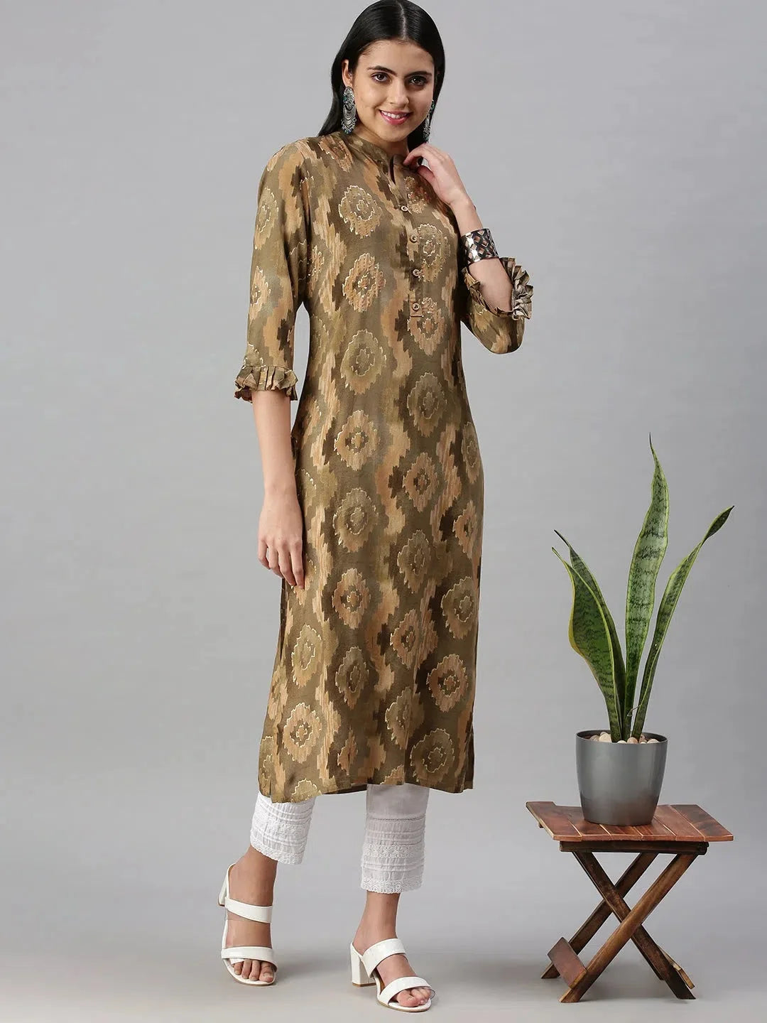 Olive Printed Cotton Kurta | Indian Kurtis for Women Online