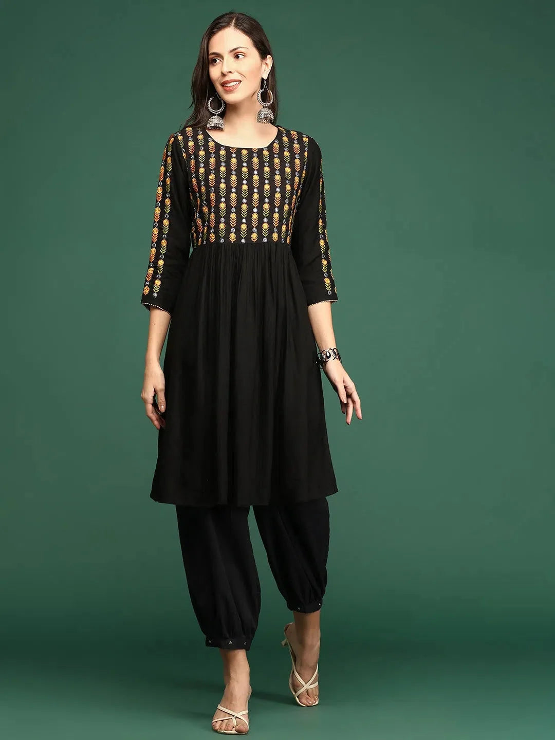 Black Embroidered Anarkali Kurta - Women's Cotton Anarkali Dress