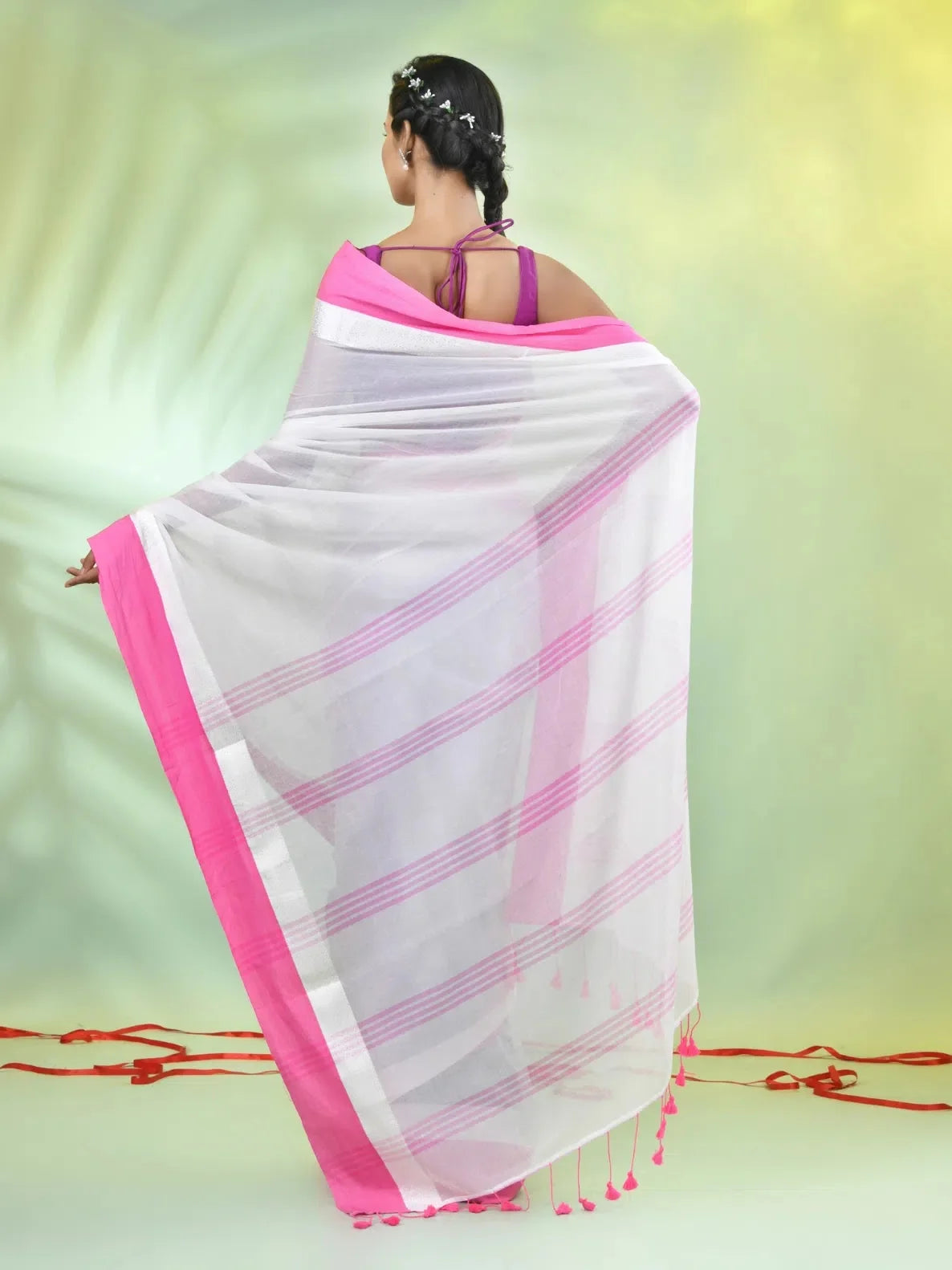 White Cotton Saree: Soft Indian Sari with Border