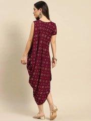 One side cowl asymettric dress with side in Wine Color