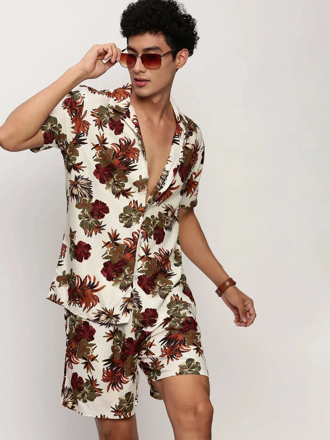 Men's Cream Printed Casual Co Ord Sets | Cotton Two Piece Sets