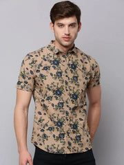 Men Tan Printed Casual Shirt-DELLPRINT-11807-Tan