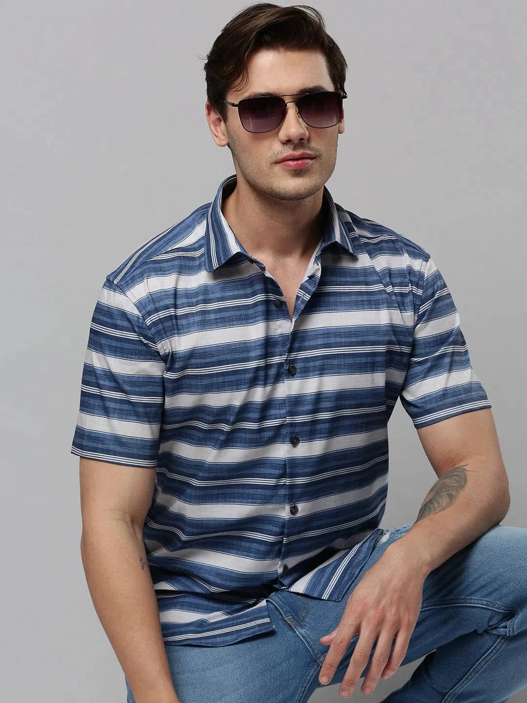 Men Blue Striped Casual Shirt-SPUNIMPORTSTRIRE-4688-Blue