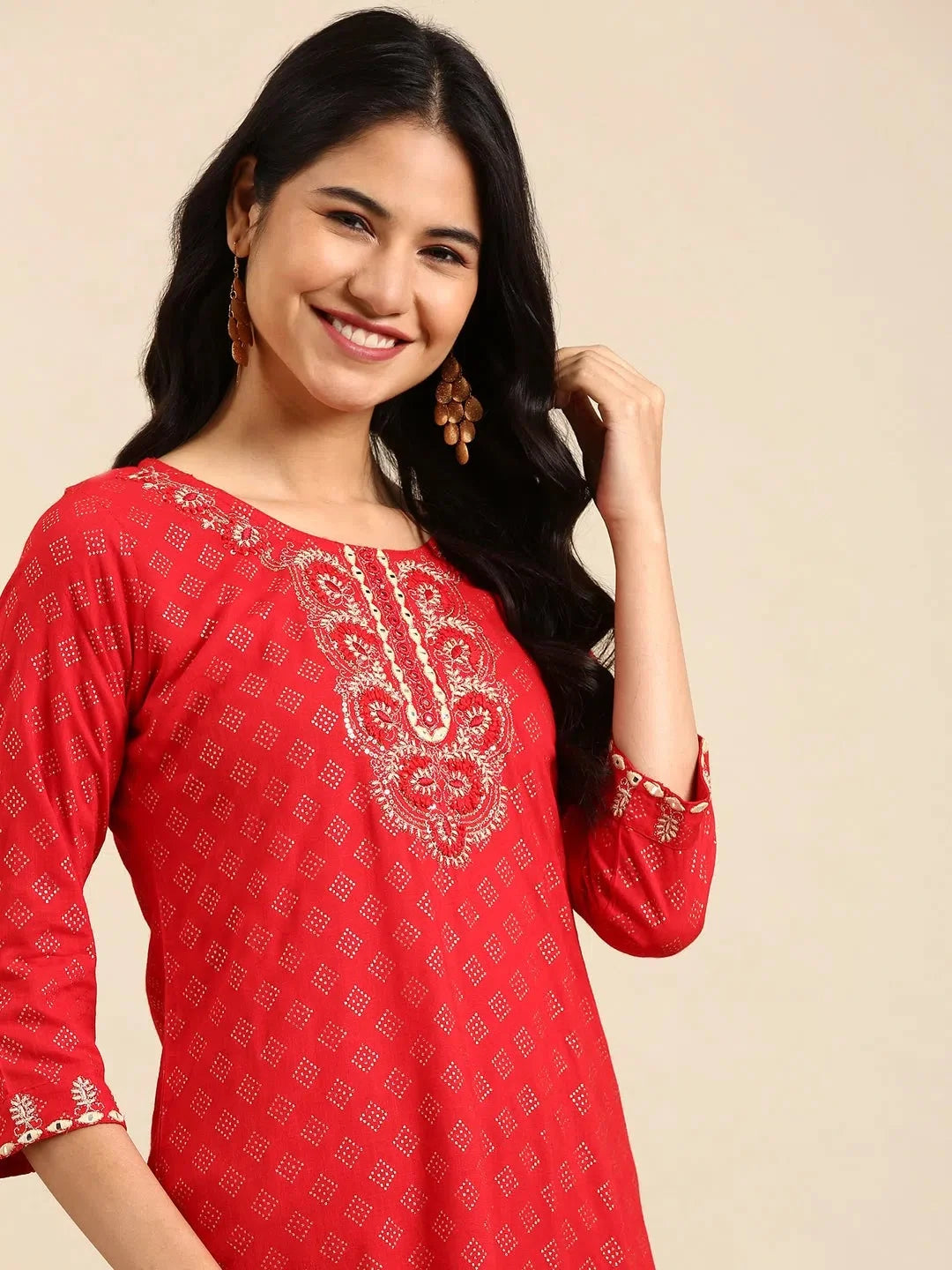 Red Embroidered Cotton Kurta | Indian Kurta Ladies Collection