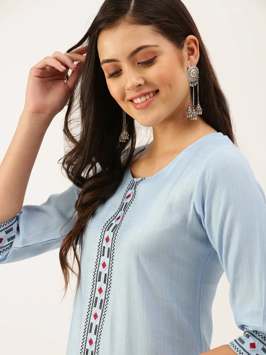 Blue Embroidered Cotton Kurta Indian Ladies Fashion | DesiQlo
