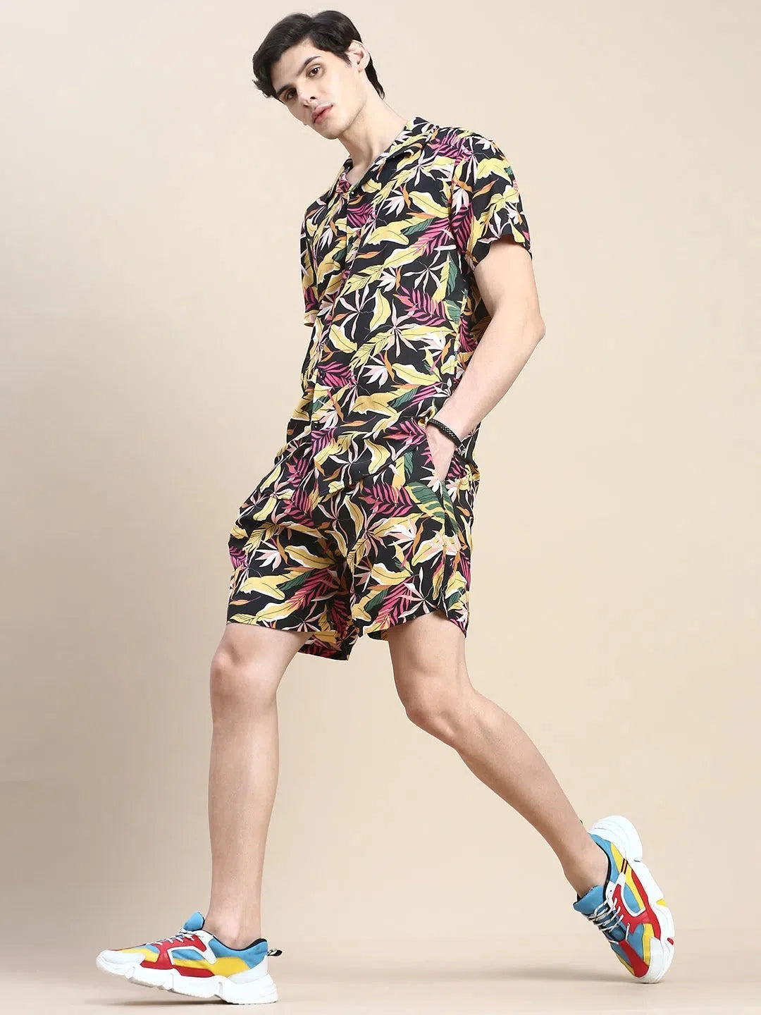 Black Printed Mens Co Ord Sets - Casual Two Piece Sets for Men