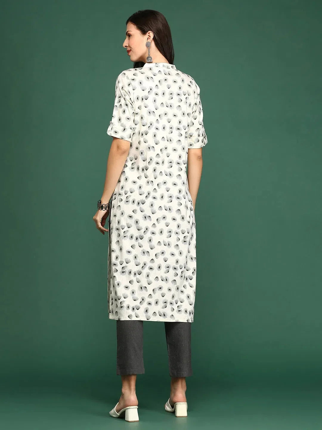 Off White Cotton Printed Straight Indian Kurta for Women