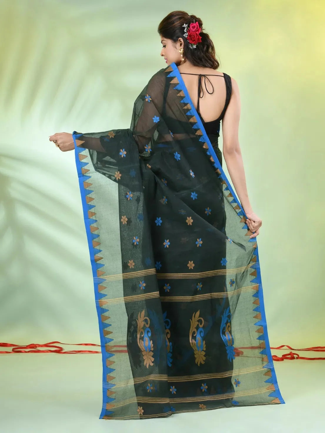 Bottle Green Cotton Saree - Indian Sarees with Temple Border