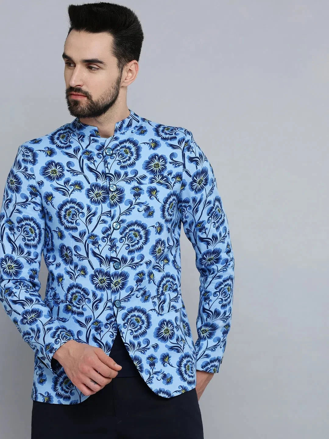 Blue Printed Nehru Jacket Wedding Blazer | DesiQlo