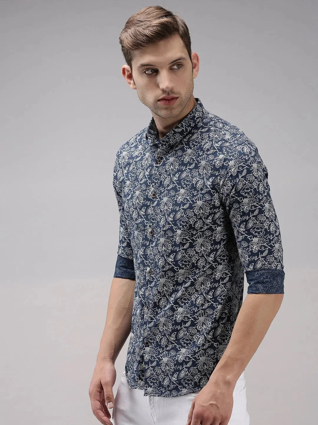 Navy Blue Printed Mens Shirt | Cotton Casual Shirt - DesiQlo