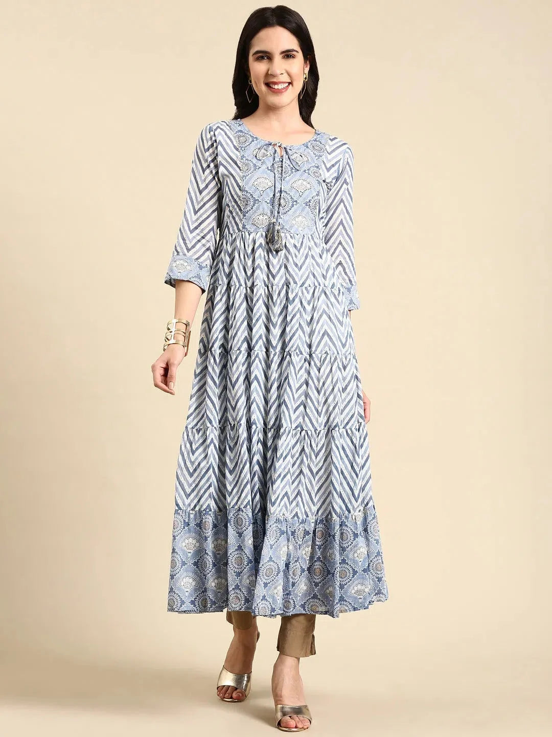 Blue Printed Anarkali Kurti for Women | Cotton Anarkali Kurta