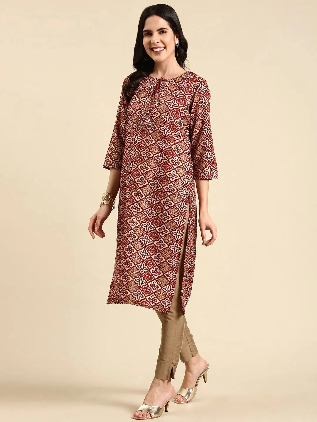 Maroon Printed Kurta - Women's Cotton Indian Kurtis Online