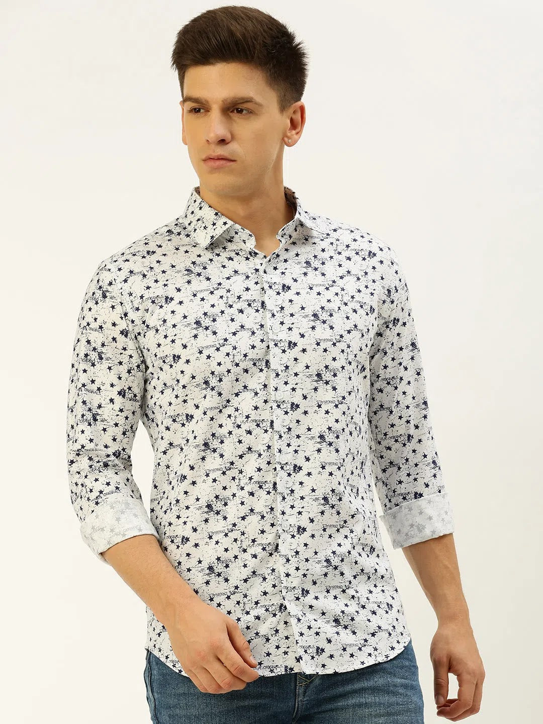 White Printed Cotton Mens Shirt - Casual Stylish