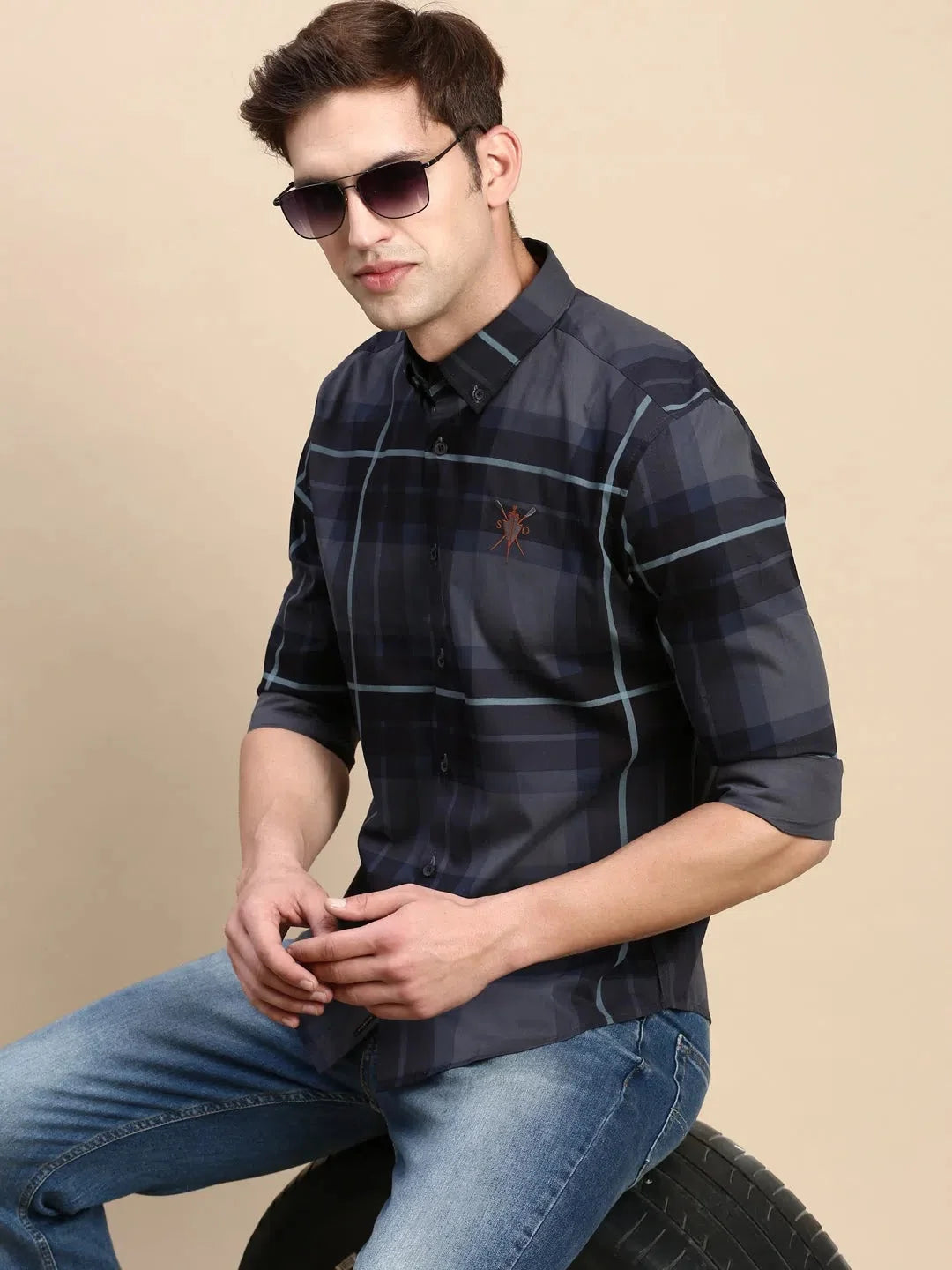 Men Navy Checked Casual Shirt-ZEECHECKS-5236-Navyblue