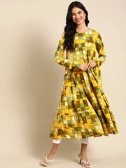 Women's Yellow Printed Anarkali Kurta-ON-608-Yellow